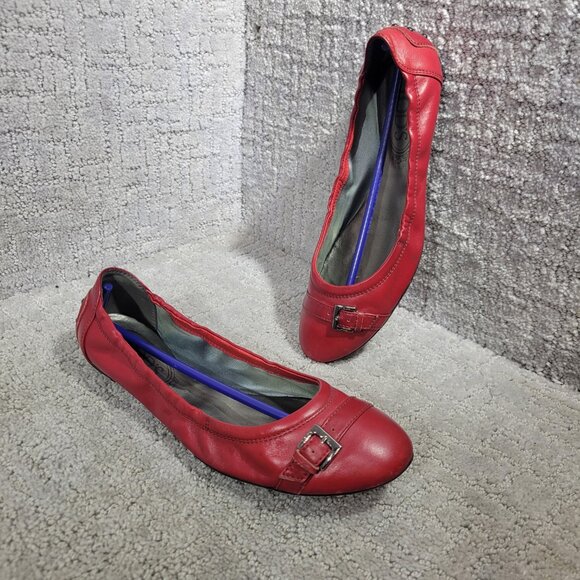 TOD'S Women's Size 37 EU 6 US Red Leather Belt Driving Ballet Scrunch Shoes - Picture 10 of 12